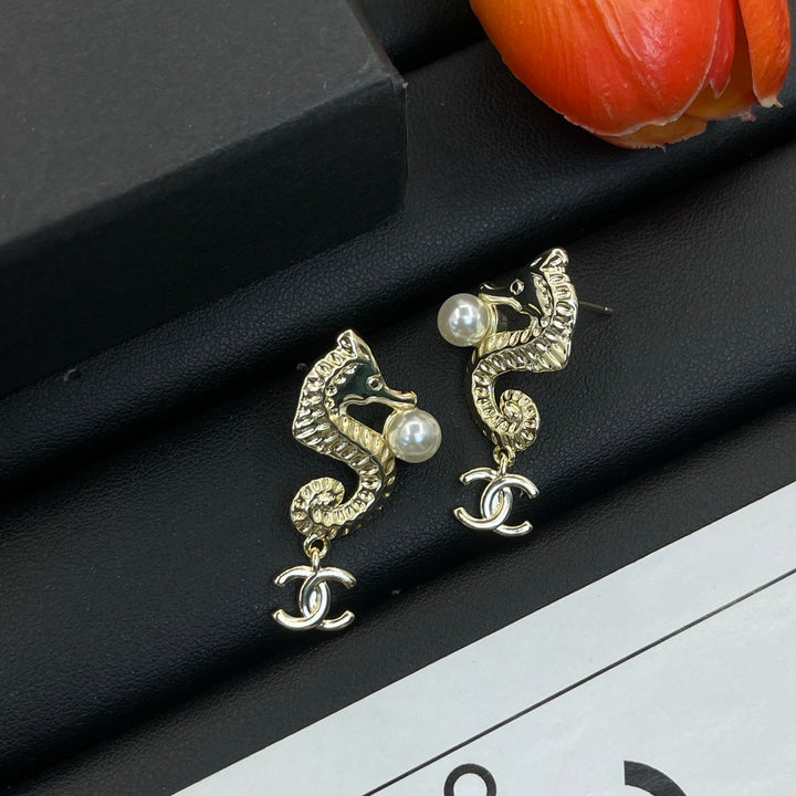 Seahorse Pearl Double C Earrings