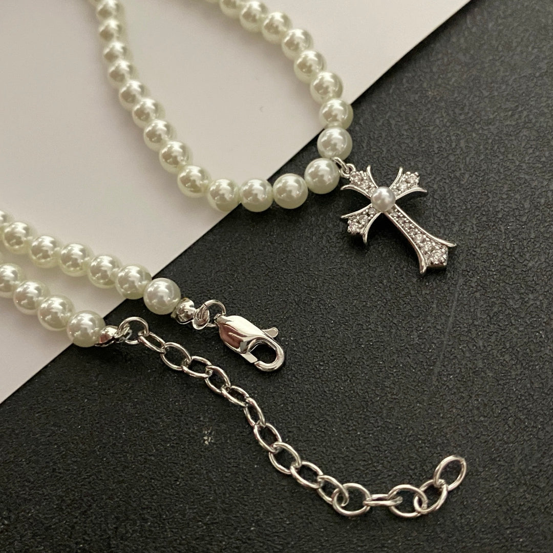 Pearl String Cross Pendant Necklace
