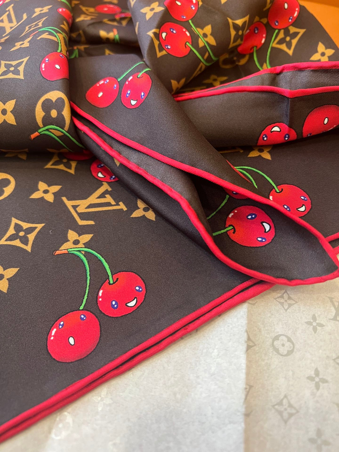 Two-color Cherry Printed Silk Scarf
