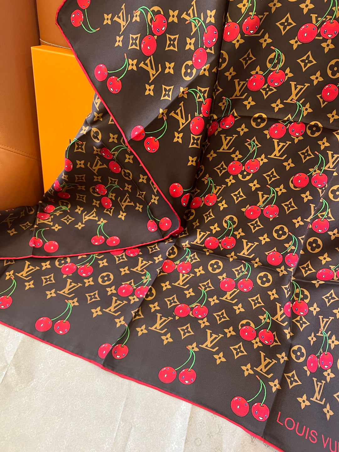 Two-color Cherry Printed Silk Scarf