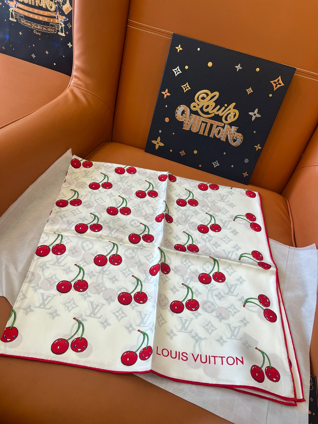 Two-color Cherry Printed Silk Scarf