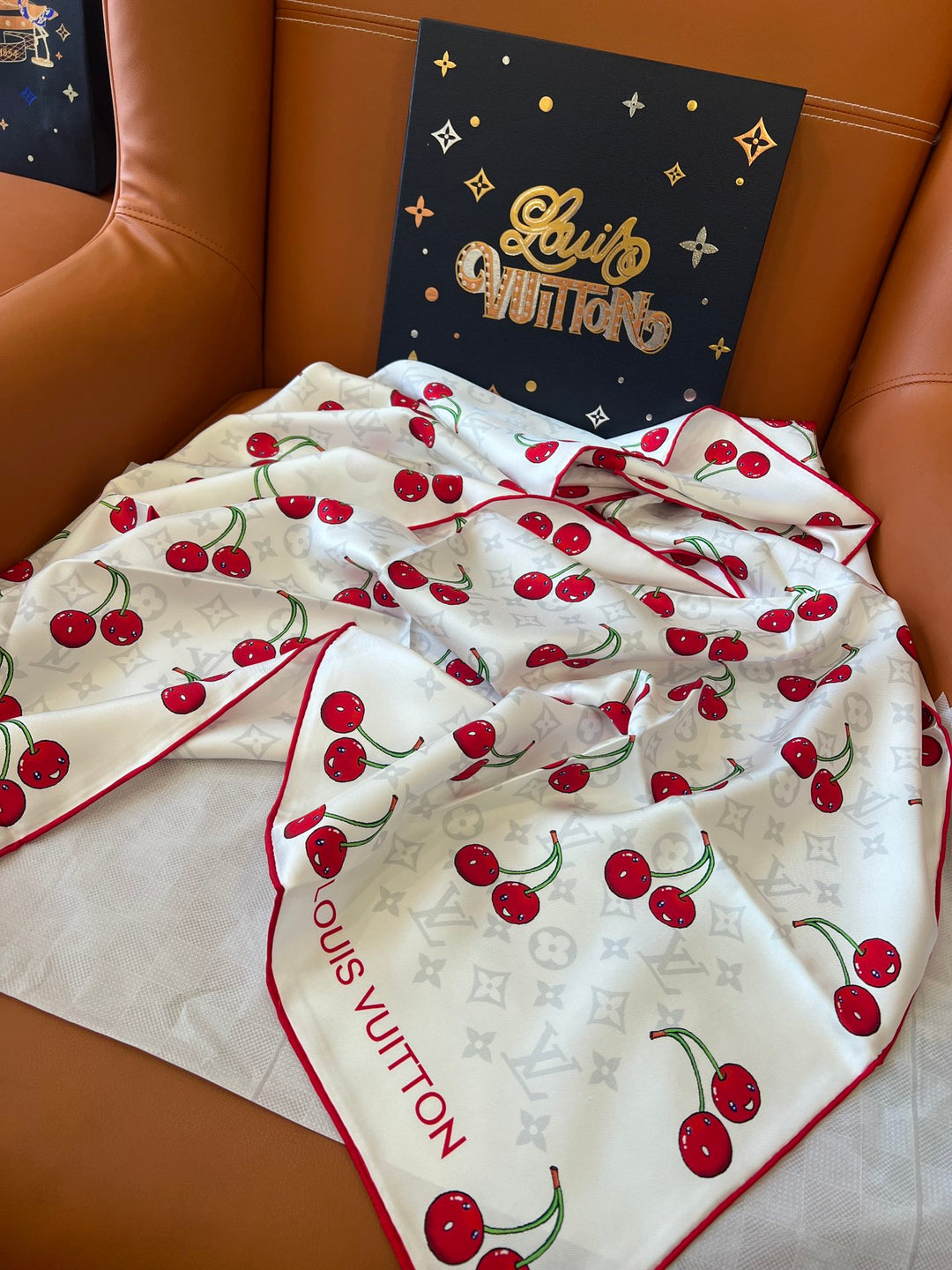 Two-color Cherry Printed Silk Scarf