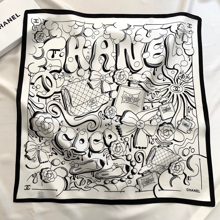Two-color multi-element printed silk scarf