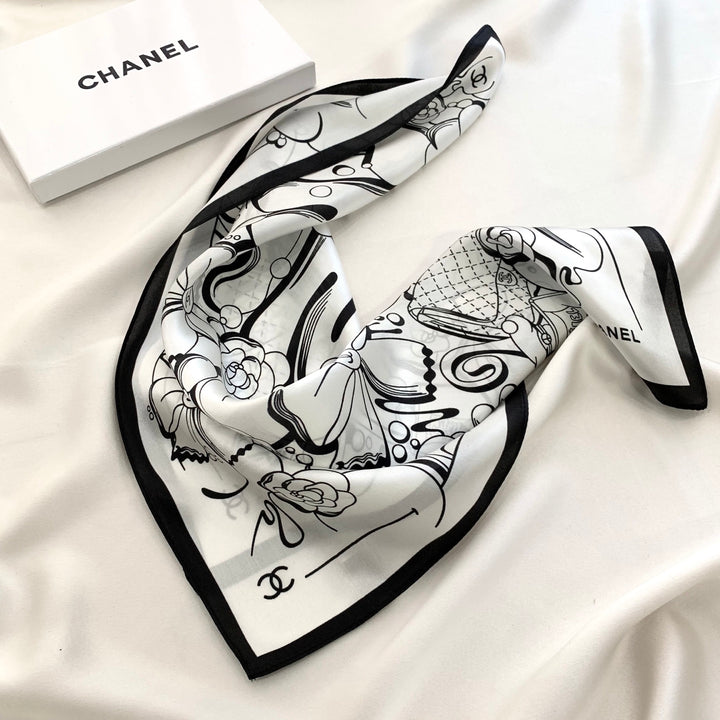 Two-color multi-element printed silk scarf