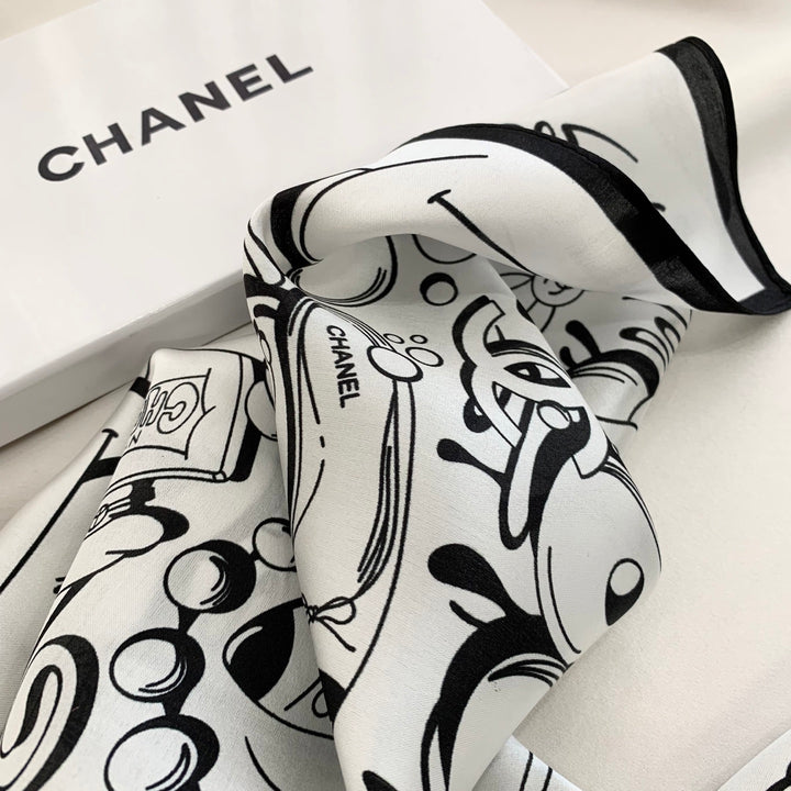 Two-color multi-element printed silk scarf
