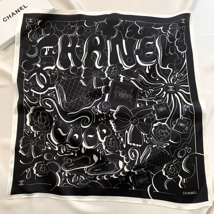 Two-color multi-element printed silk scarf