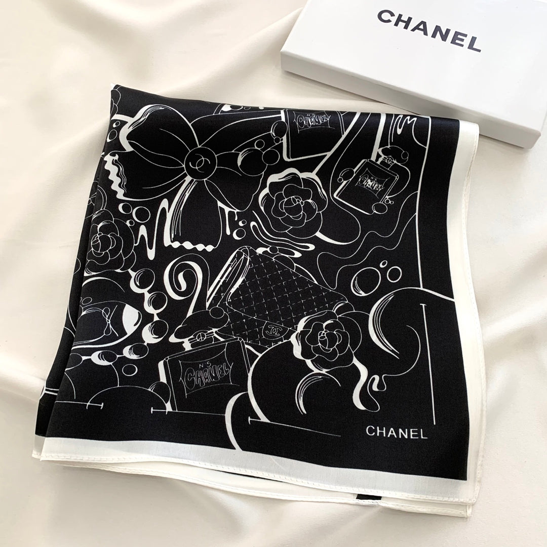 Two-color multi-element printed silk scarf
