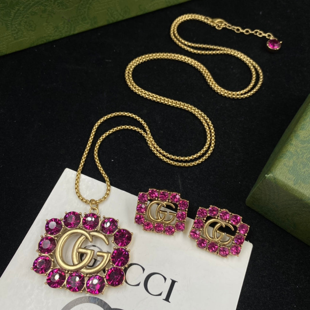 New Pink Crystal G Badge Necklace