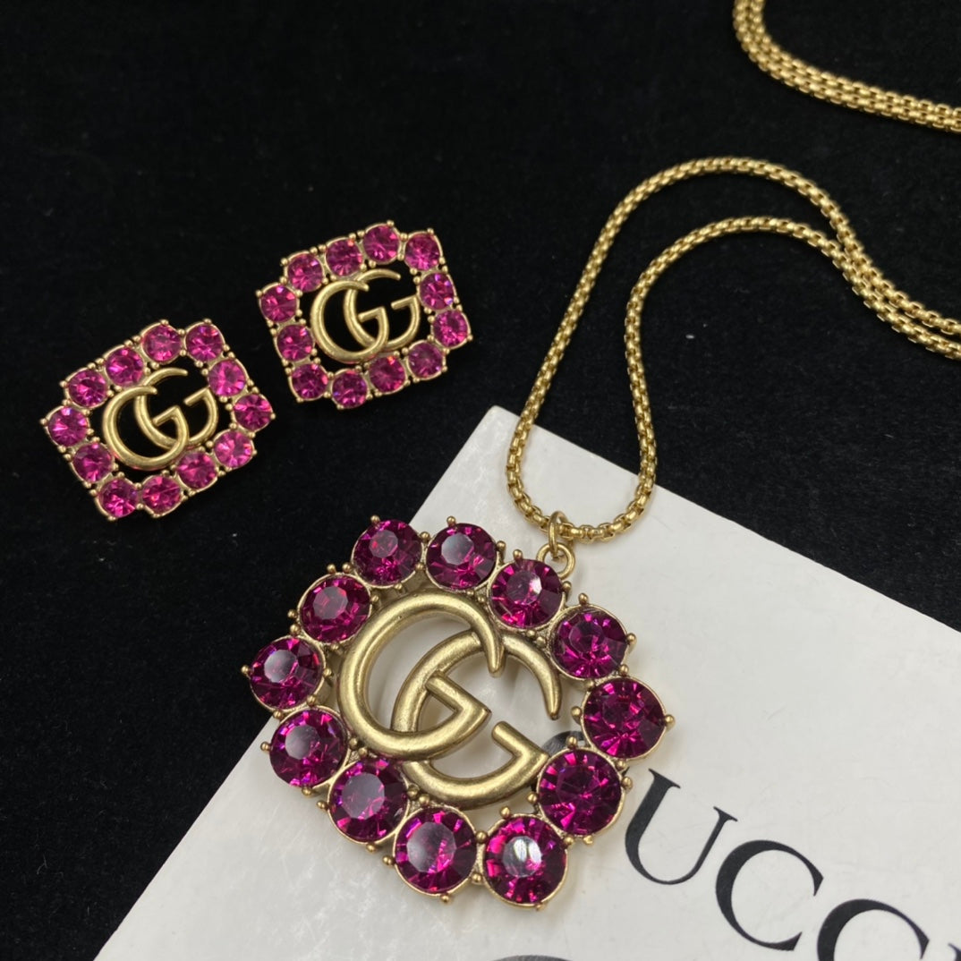 New Pink Crystal G Badge Necklace