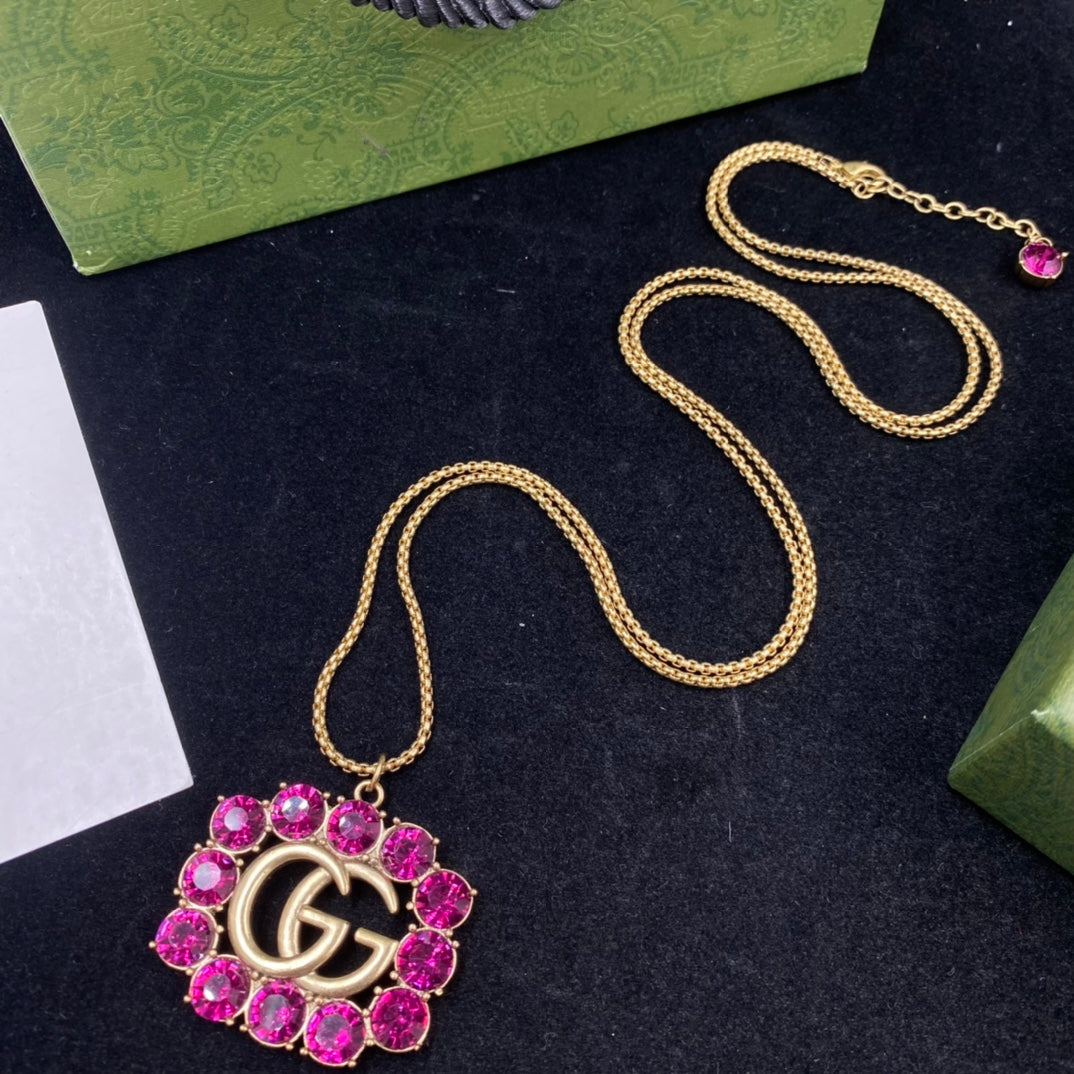 New Pink Crystal G Badge Necklace