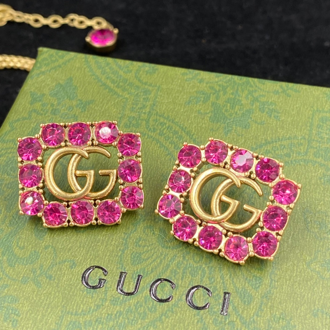 New Pink Crystal G Badge Necklace