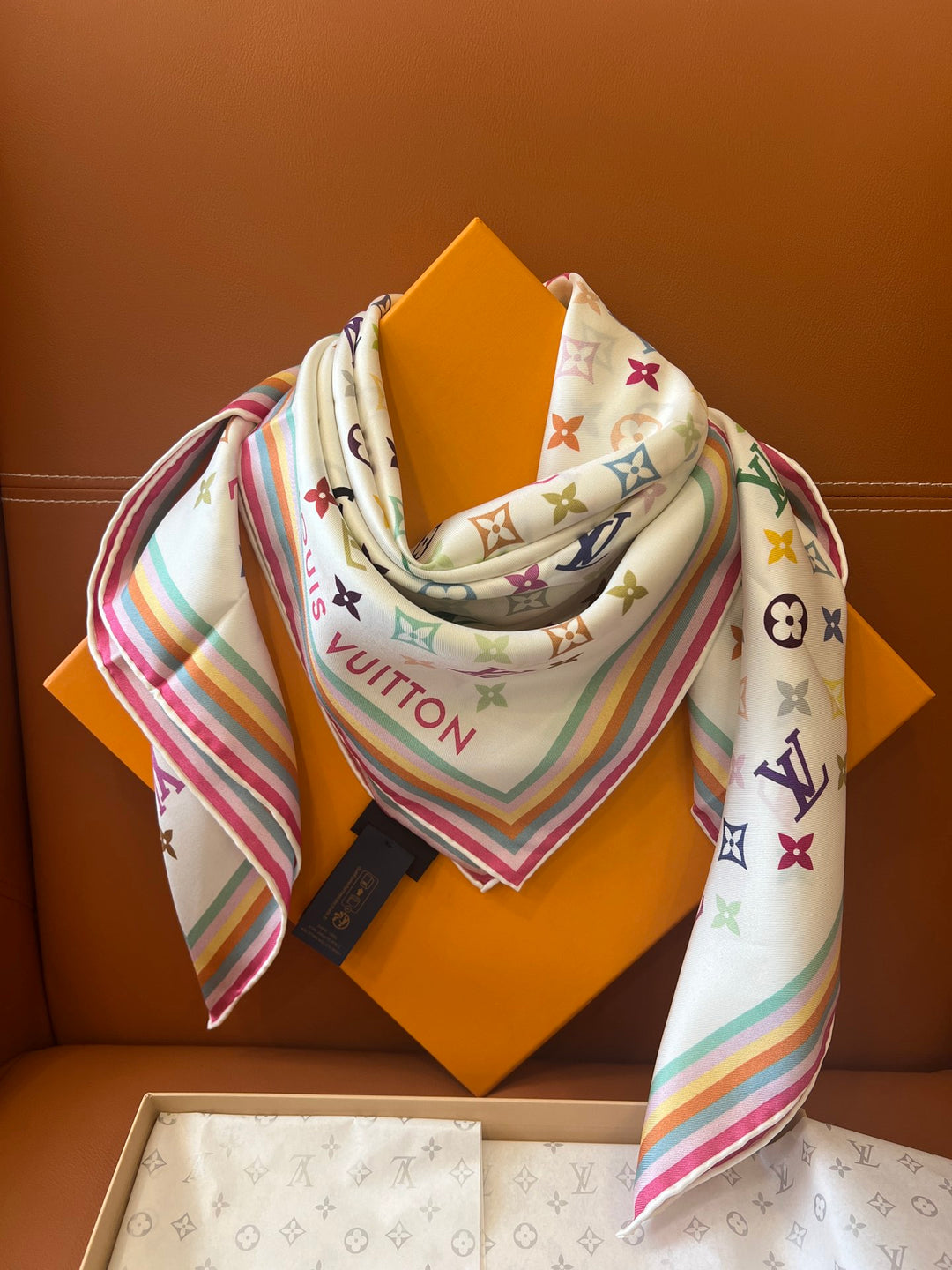 Double color rainbow border printed silk scarf