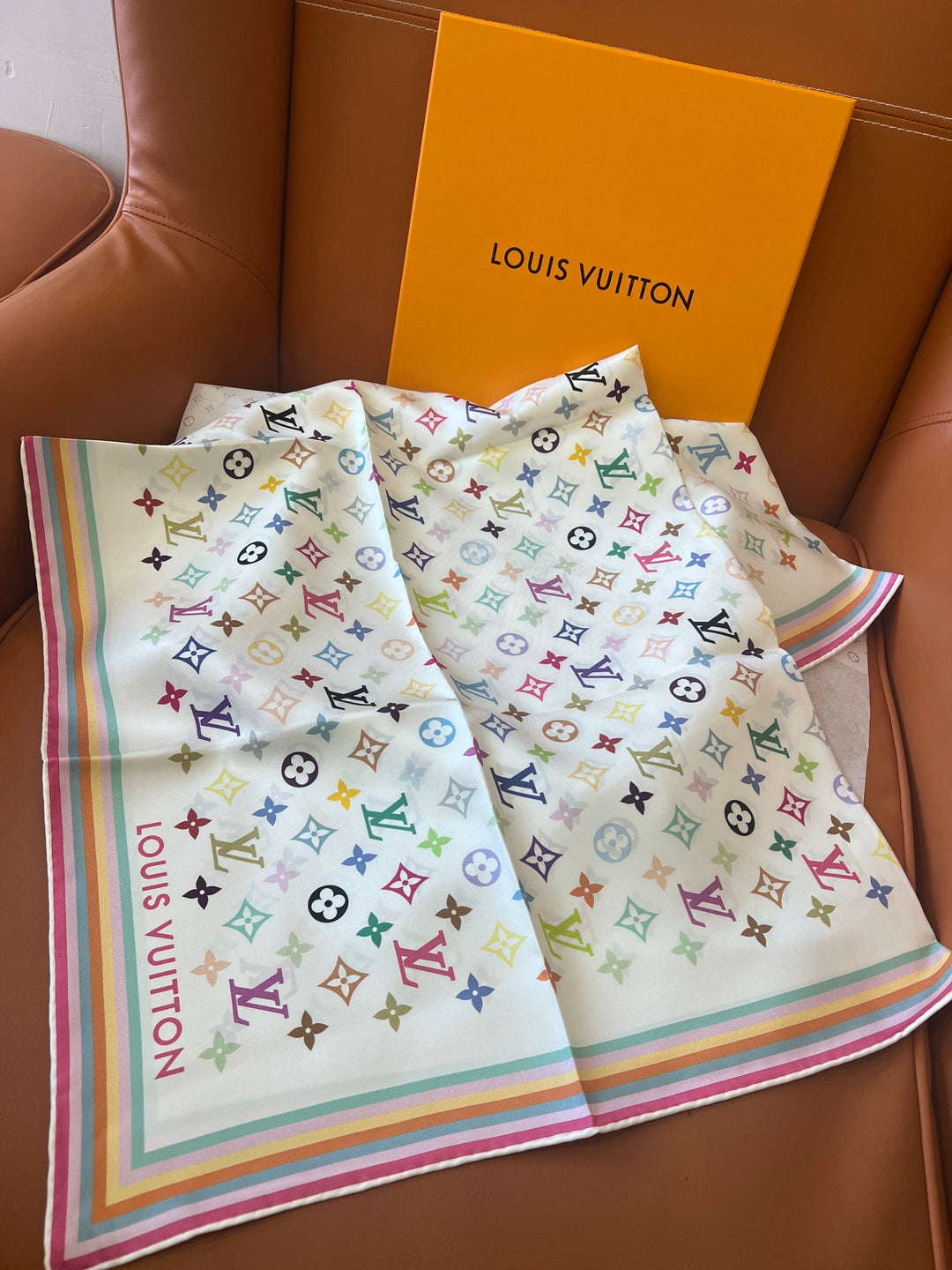 Double color rainbow border printed silk scarf