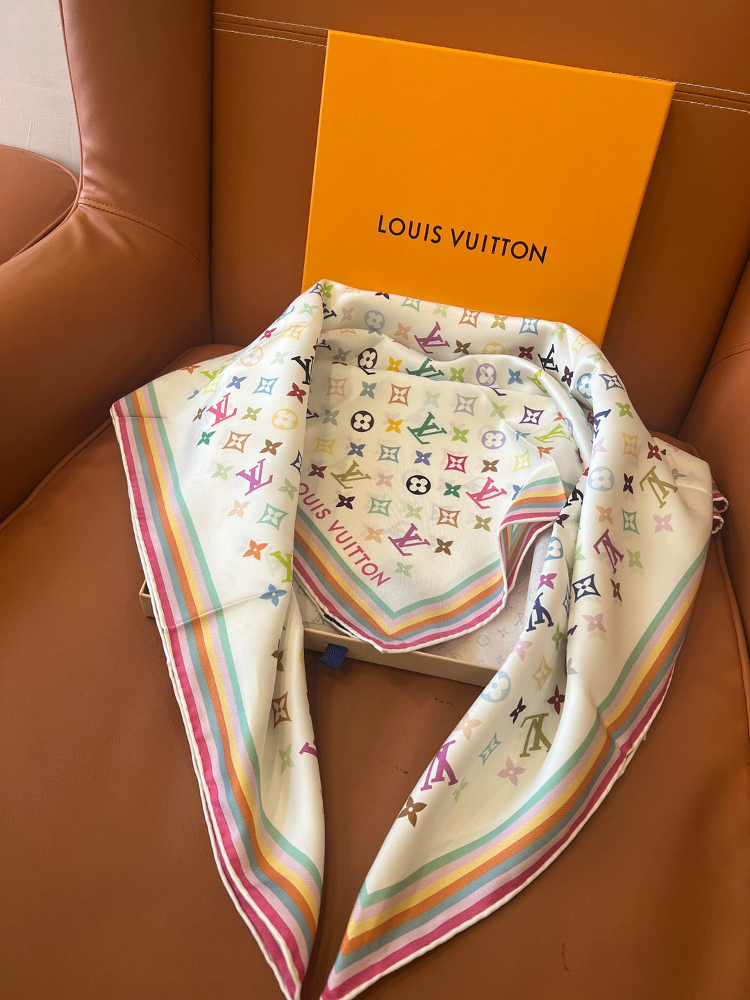 Double color rainbow border printed silk scarf