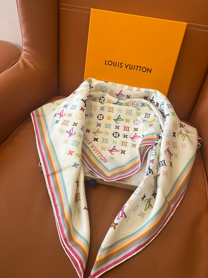 Double color rainbow border printed silk scarf