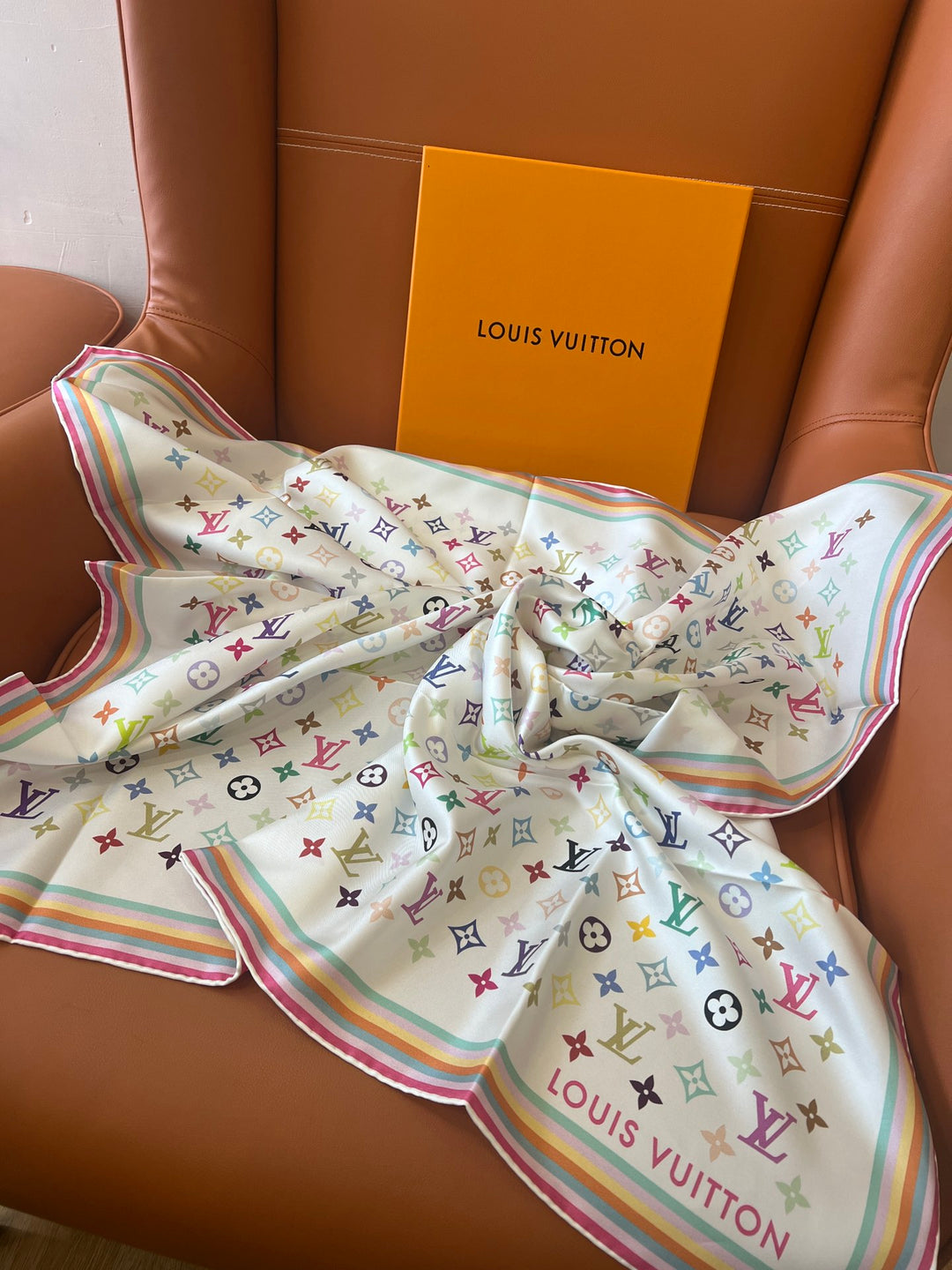 Double color rainbow border printed silk scarf