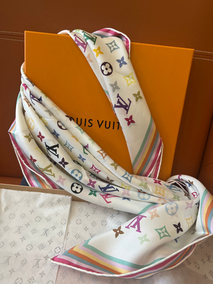 Double color rainbow border printed silk scarf