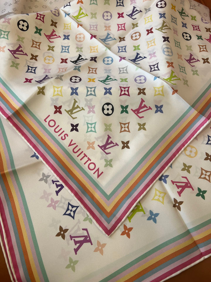 Double color rainbow border printed silk scarf