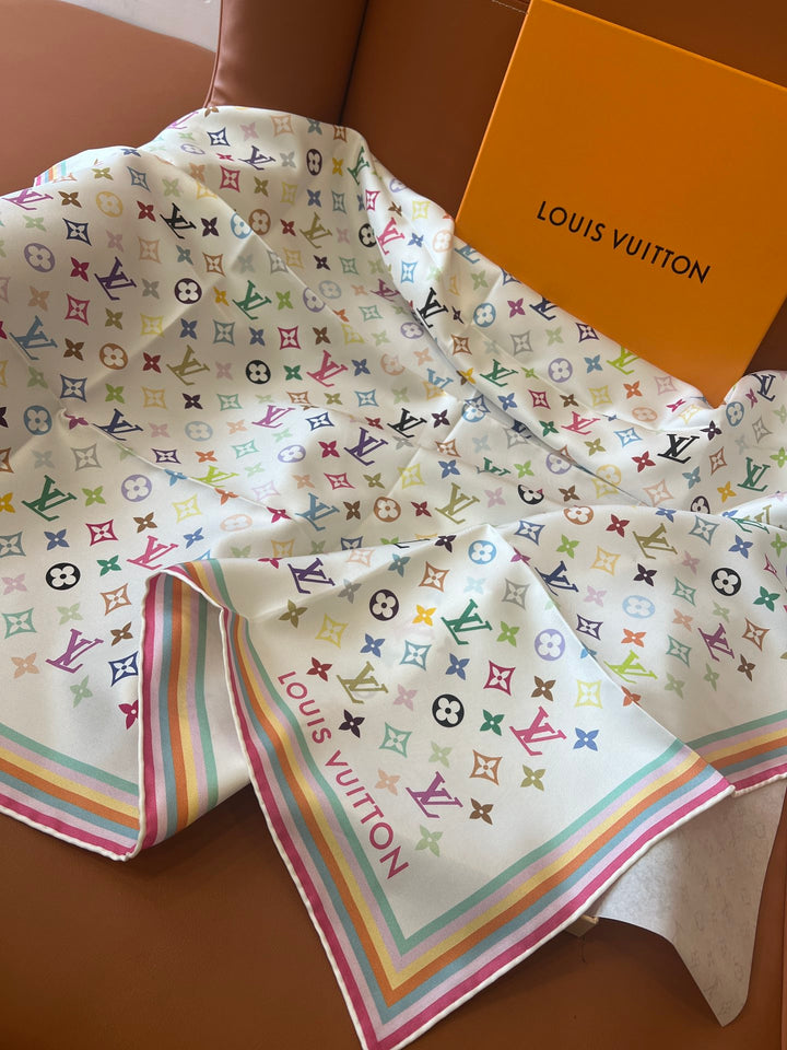 Double color rainbow border printed silk scarf