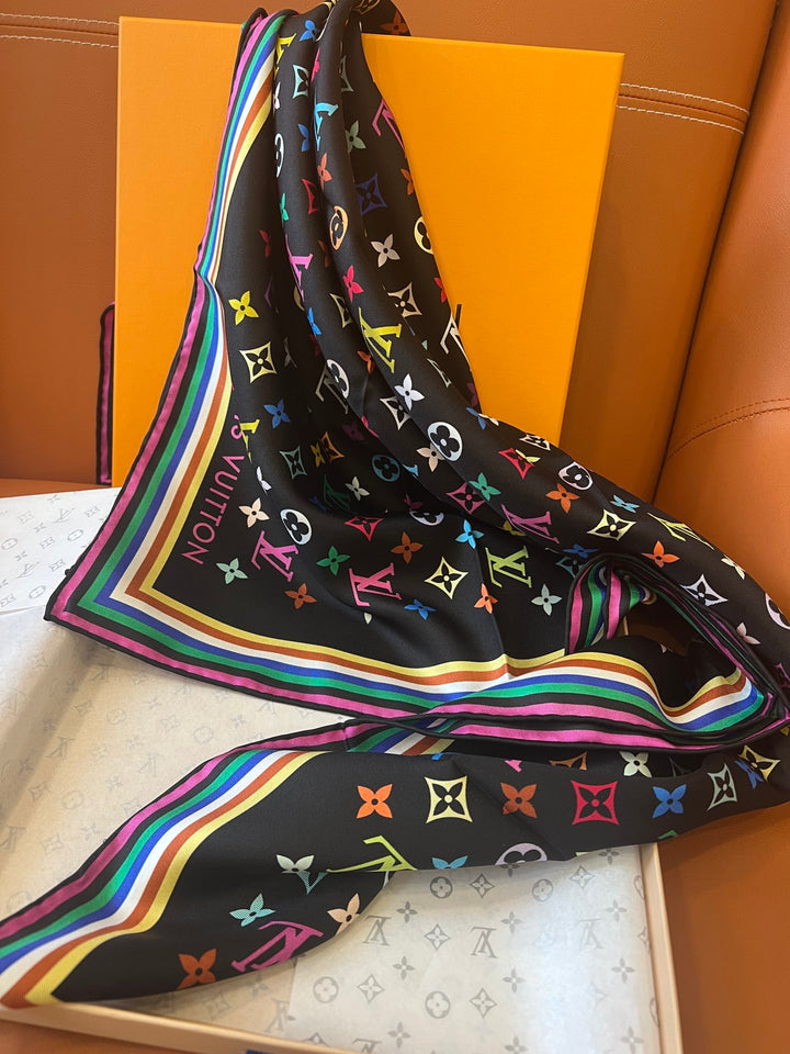 Double color rainbow border printed silk scarf