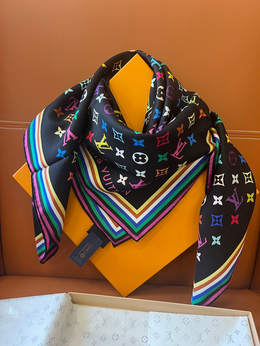 Double color rainbow border printed silk scarf