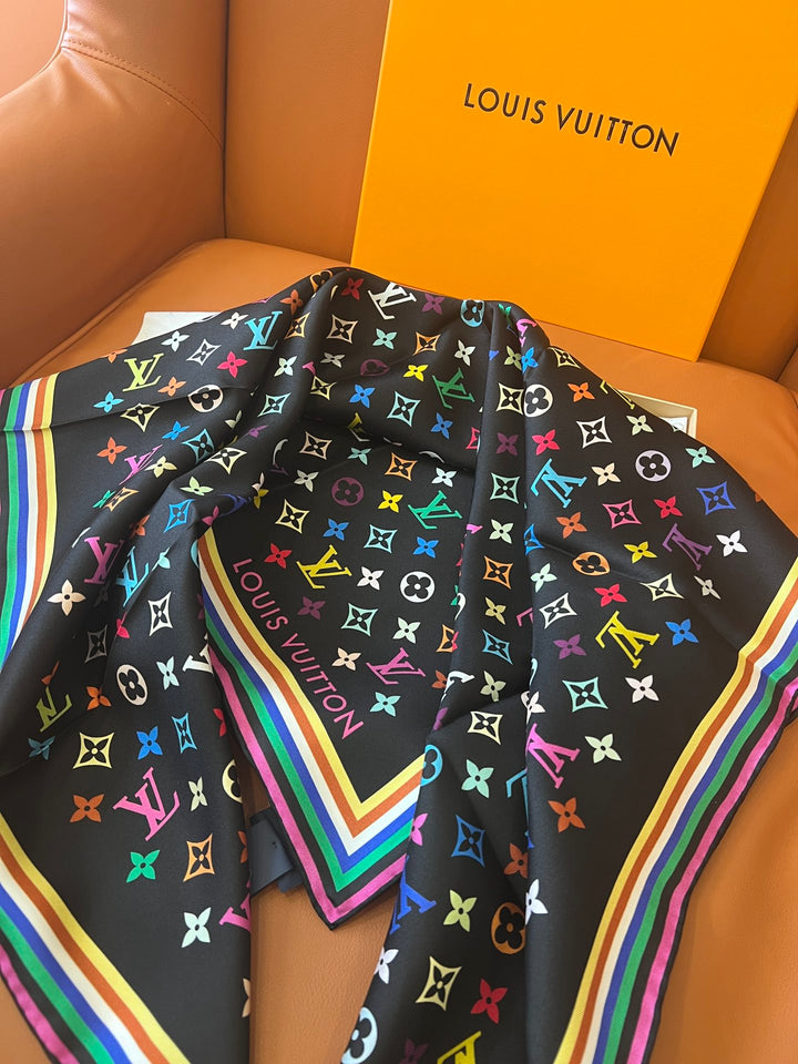 Double color rainbow border printed silk scarf