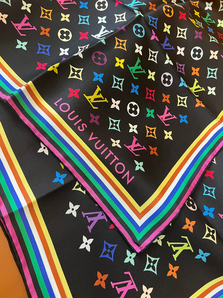 Double color rainbow border printed silk scarf
