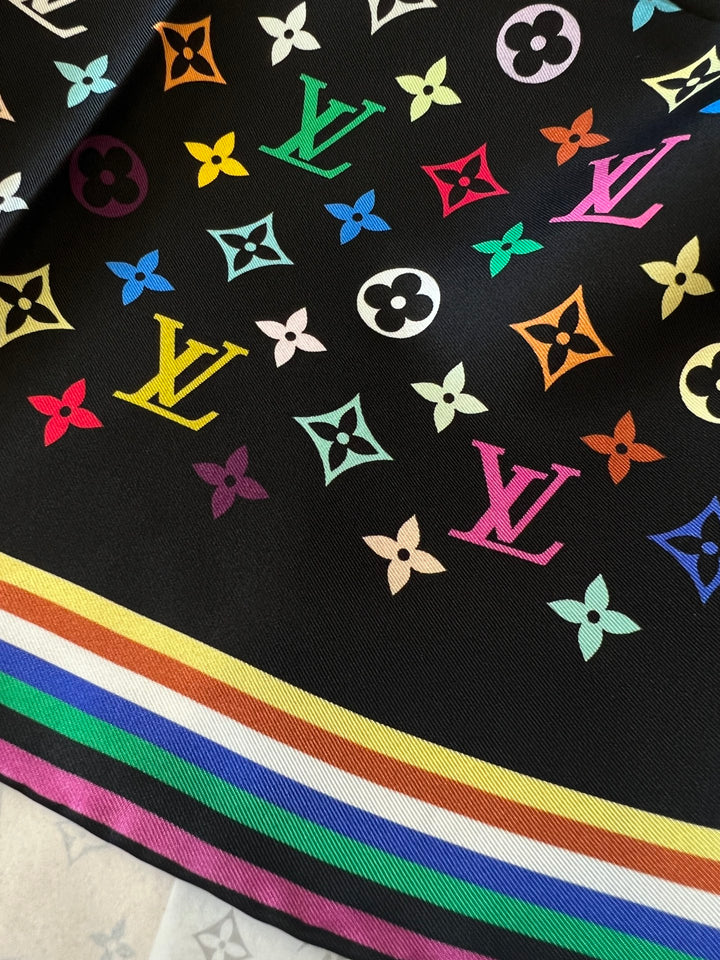 Double color rainbow border printed silk scarf