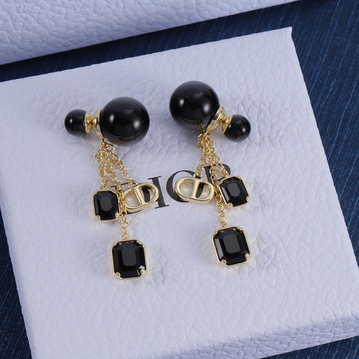 New Black Gemstone Gold Chain Earrings