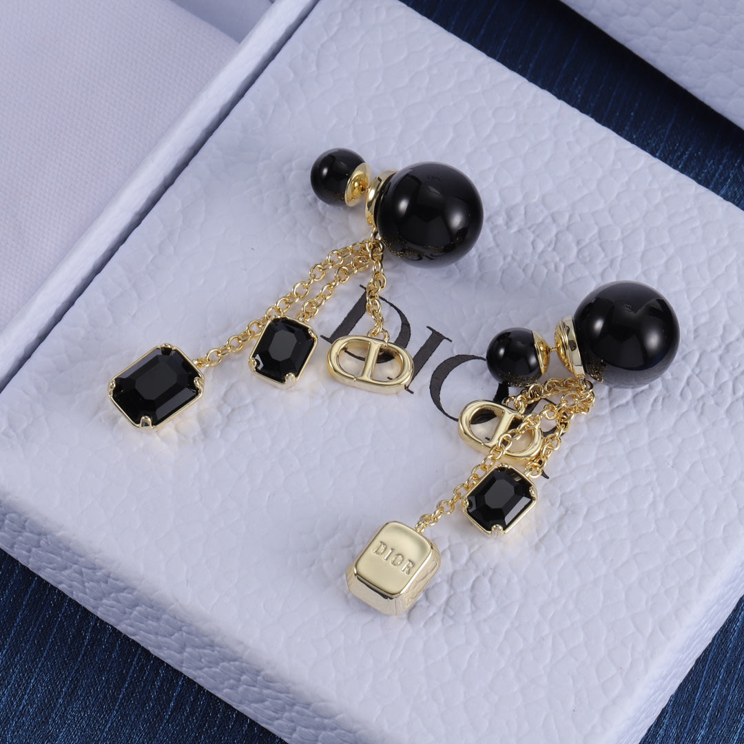 New Black Gemstone Gold Chain Earrings
