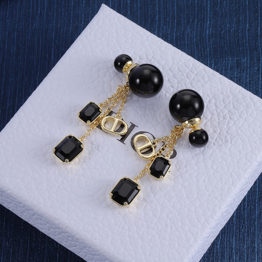 New Black Gemstone Gold Chain Earrings