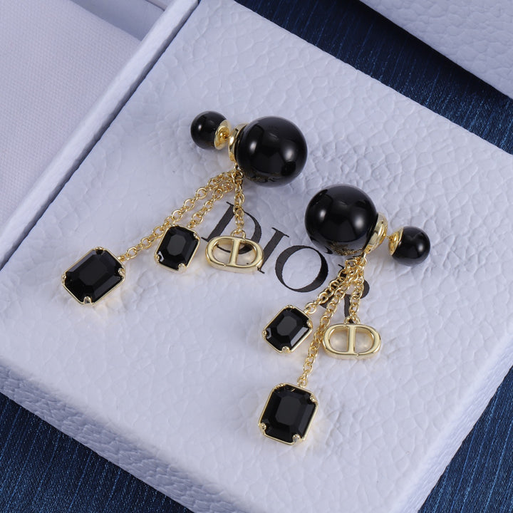 New Black Gemstone Gold Chain Earrings