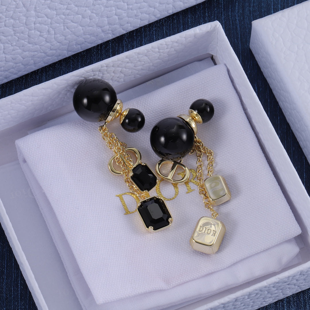 New Black Gemstone Gold Chain Earrings