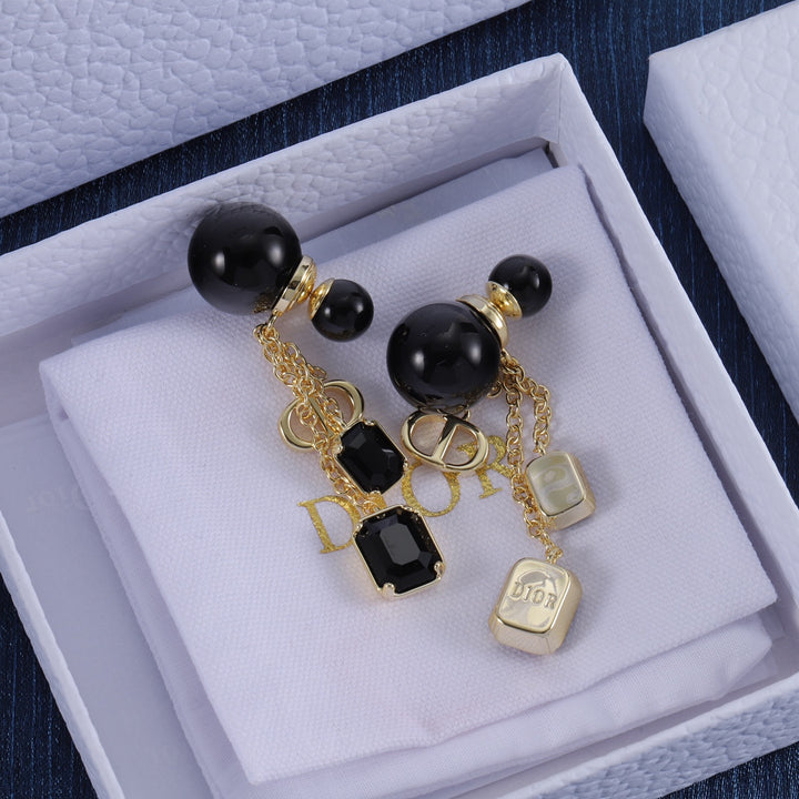 New Black Gemstone Gold Chain Earrings