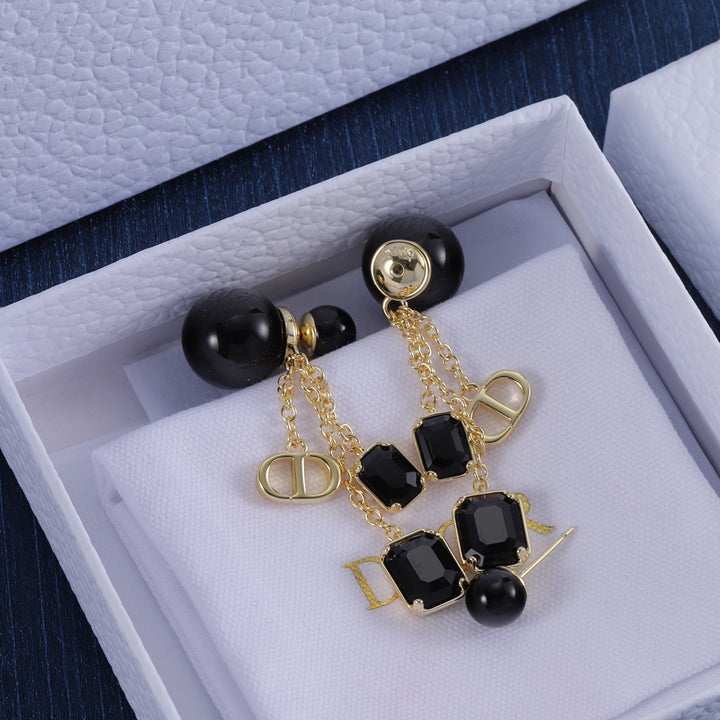 New Black Gemstone Gold Chain Earrings