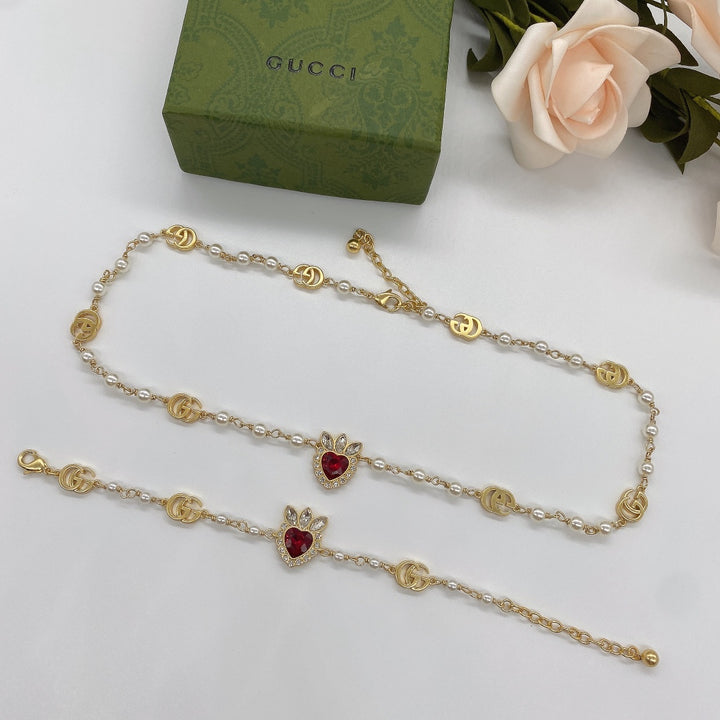Elegant Pearl Chain Red Heart Jewelry