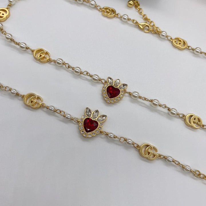 Elegant Pearl Chain Red Heart Jewelry