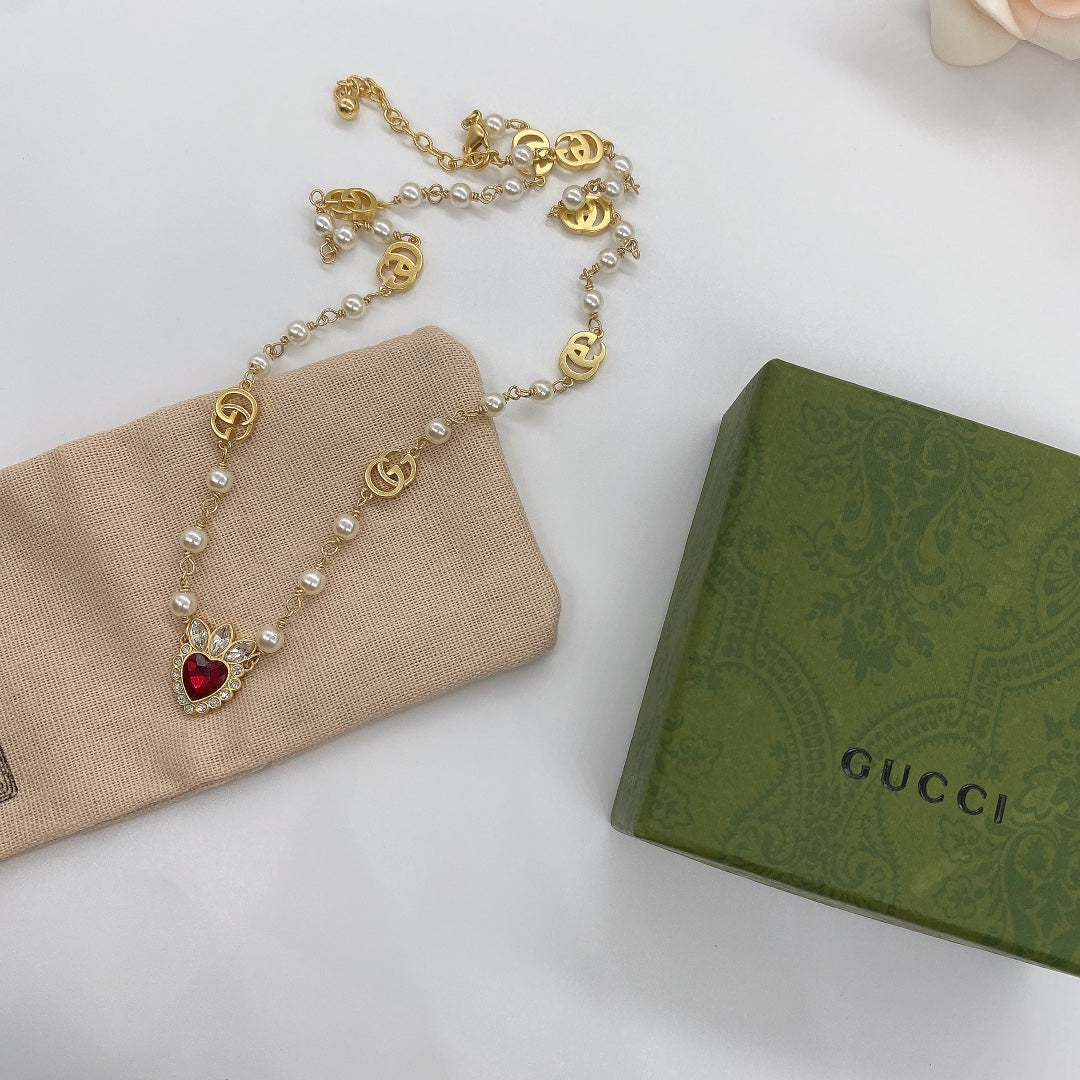 Elegant Pearl Chain Red Heart Jewelry