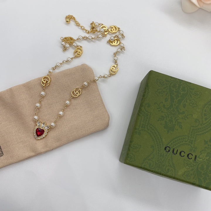 Elegant Pearl Chain Red Heart Jewelry