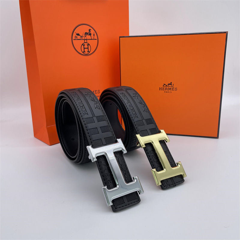 Two-tone metal H-buckle embossed belt