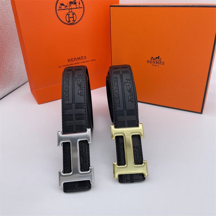 Two-tone metal H-buckle embossed belt