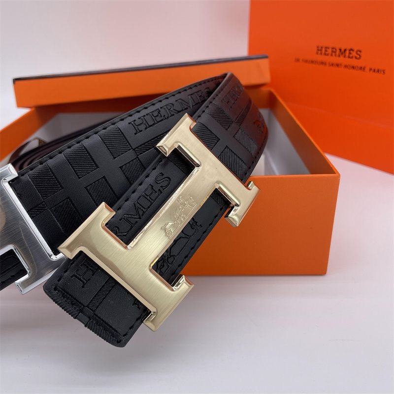 Two-tone metal H-buckle embossed belt