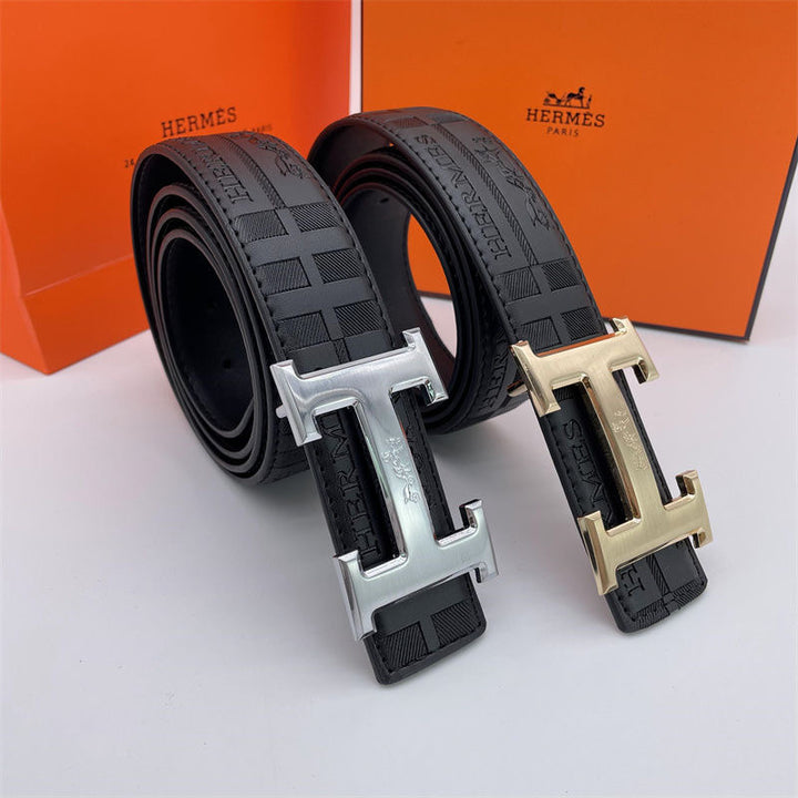 Two-tone metal H-buckle embossed belt