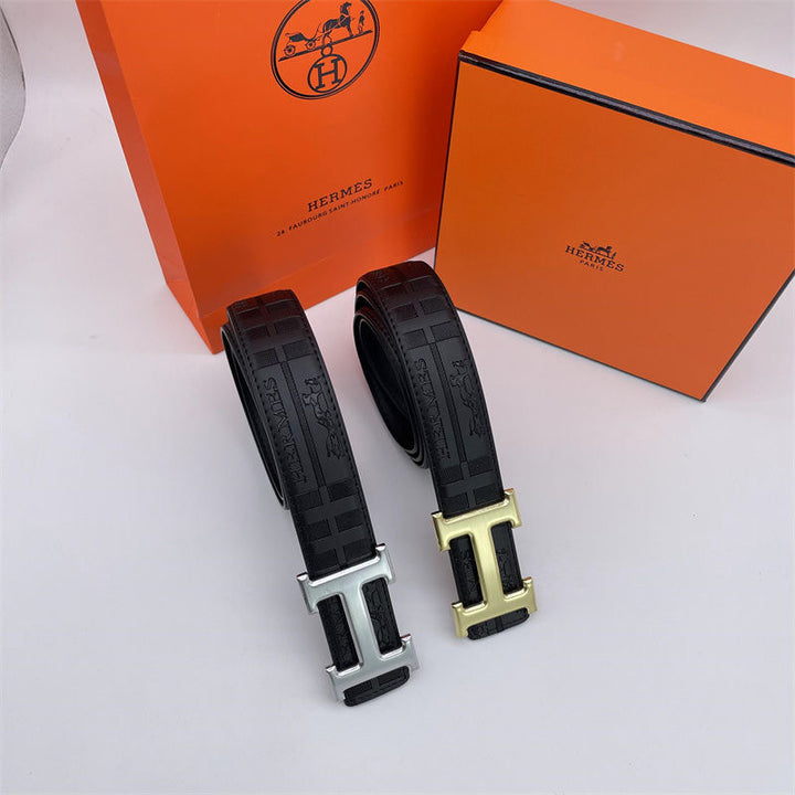 Two-tone metal H-buckle embossed belt