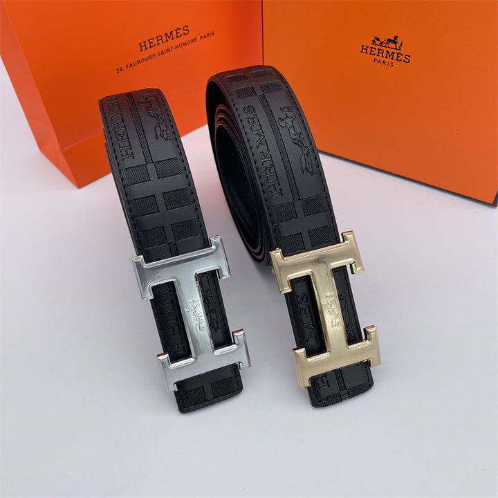 Two-tone metal H-buckle embossed belt