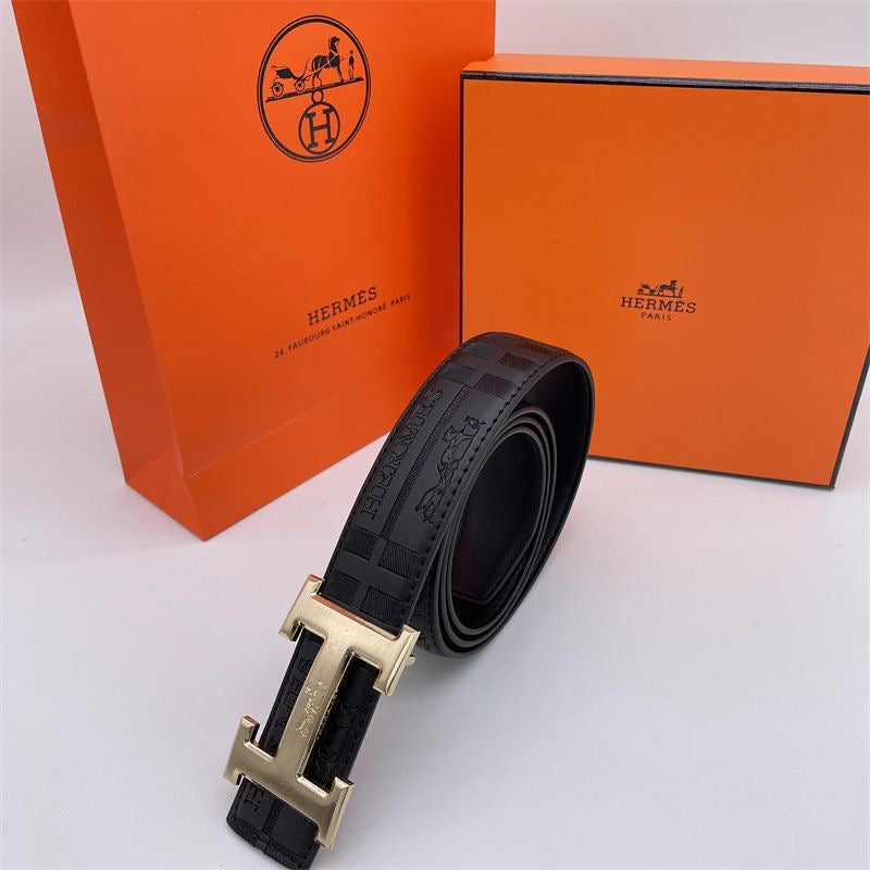 Two-tone metal H-buckle embossed belt