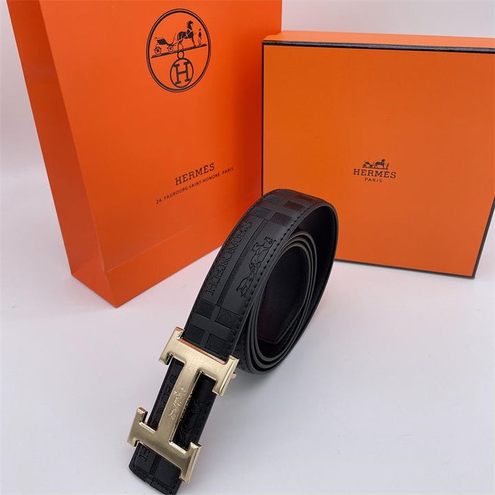 Two-tone metal H-buckle embossed belt