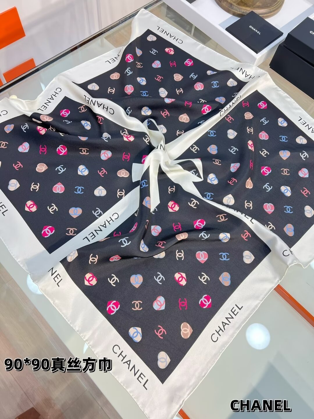 4 colors CC love heart printed silk scarf