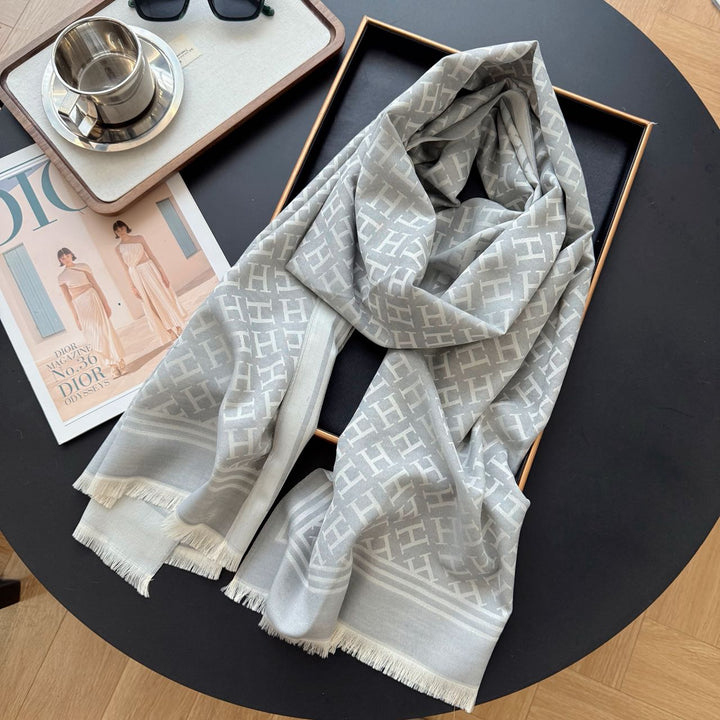 five-color H letter print long silk scarf