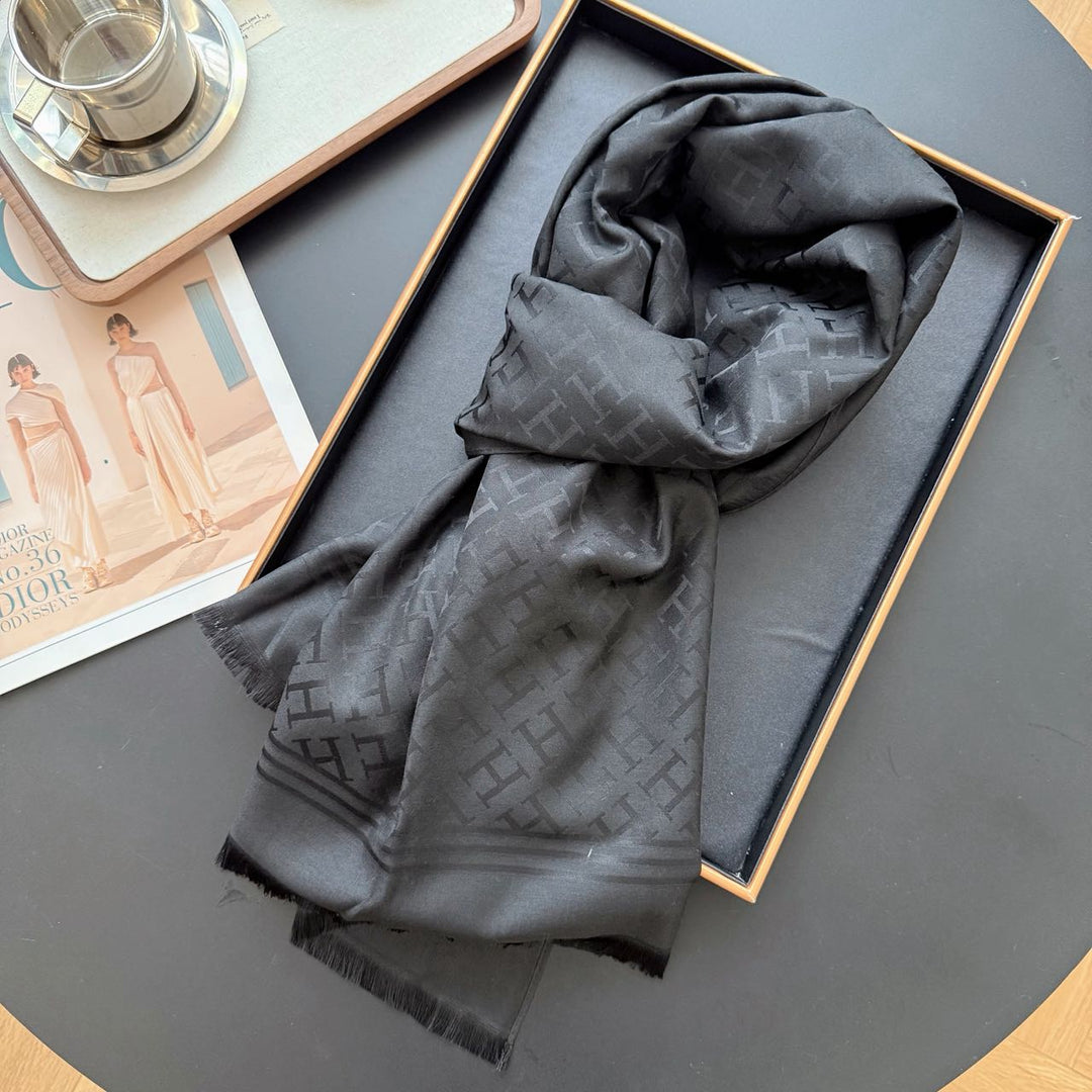 five-color H letter print long silk scarf